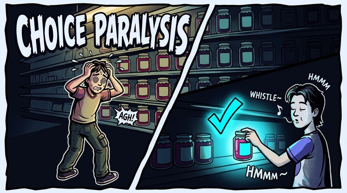 Comic split-panel: left shows a shopper paralysed by 24 jam options with spiralling eyes and the words 'Choice Paralysis', right shows the same shopper calmly picking from 6 options