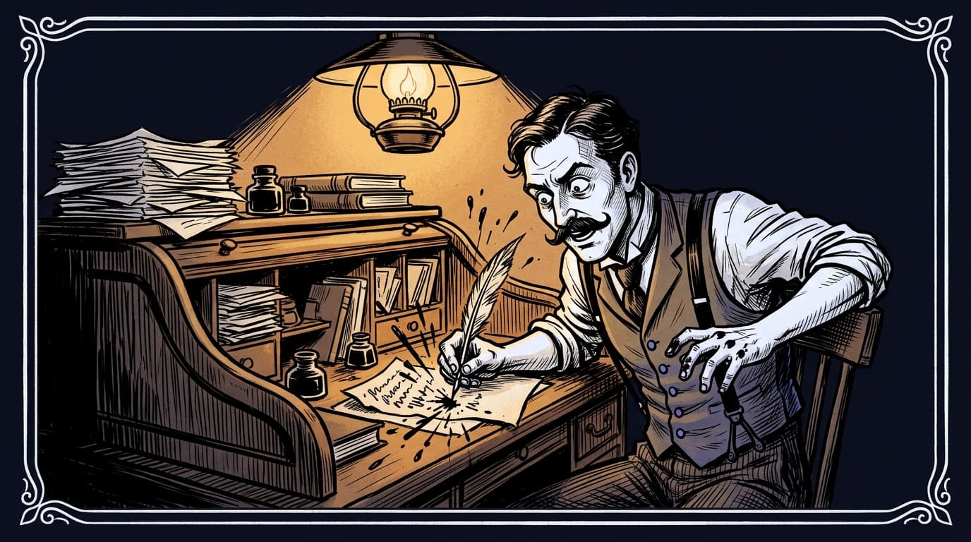 Comic panel: E. St. Elmo Lewis, a mustachioed 1890s ad man in a waistcoat, furiously scribbles 'Attention! Interest! Desire! Action!' by gas lamp light