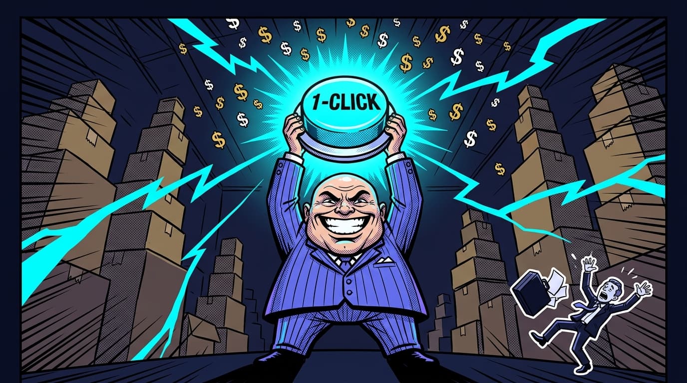 Comic panel: a caricature of Jeff Bezos holds a giant glowing 1-Click button like a trophy while lightning bolts radiate out and dollar signs rain down