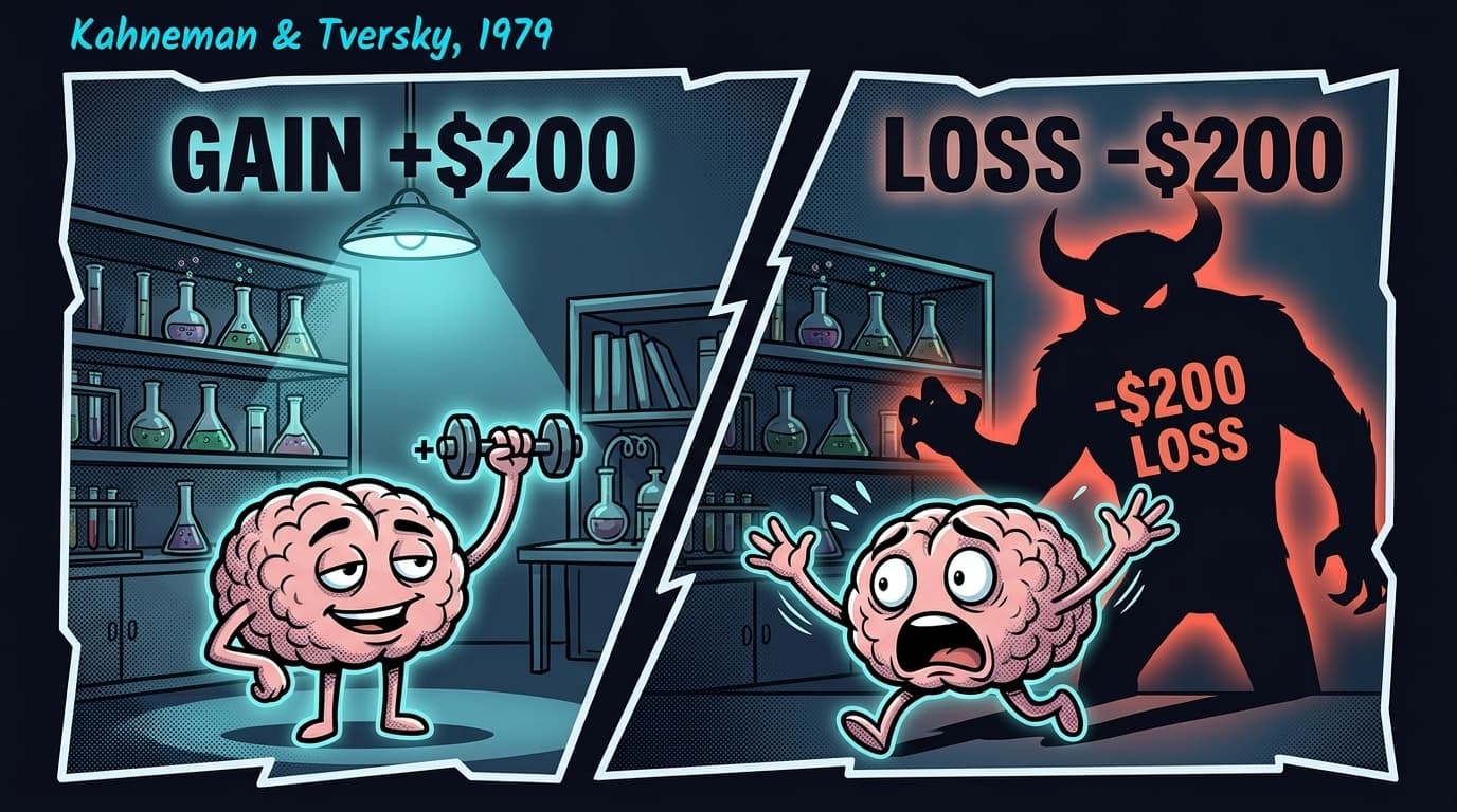 Comic split-panel: left side shows a cartoon brain barely lifting a small gain, right side shows the same brain screaming at a towering loss monster labelled -$200