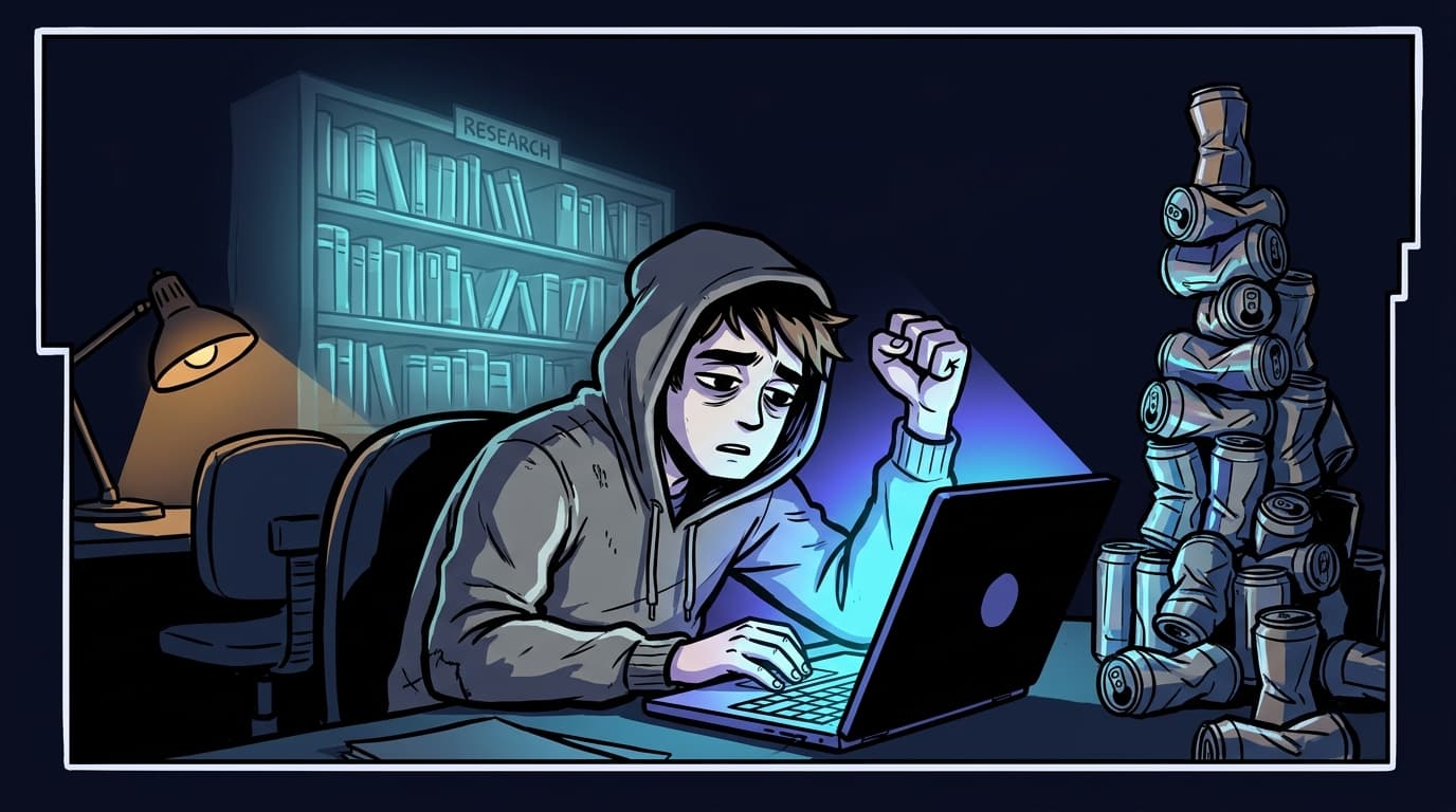 Comic panel: a sleep-deprived founder types 'make me a landing page' into an AI tool at 3AM while 128 years of conversion research floats unread in the background