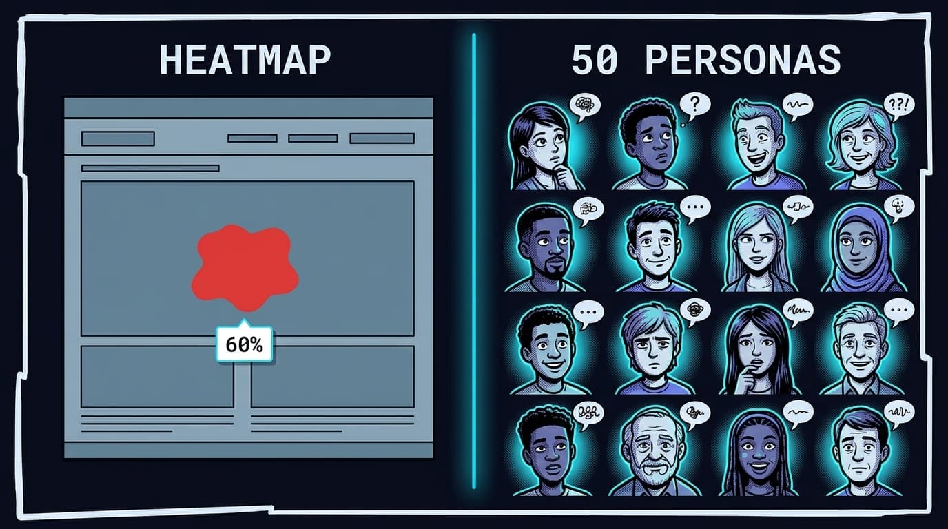 Comic panel split vertically. Left half labelled 'HEATMAP': one flat red blob and a tooltip reading '60% CLICKED'. Right half labelled '50 PERSONAS': a grid of fifty distinct visitor faces, each with its own expression and labelled tag like 'PRICE-SENSITIVE', 'SKEPTIC', 'TECHNICAL EVALUATOR'.