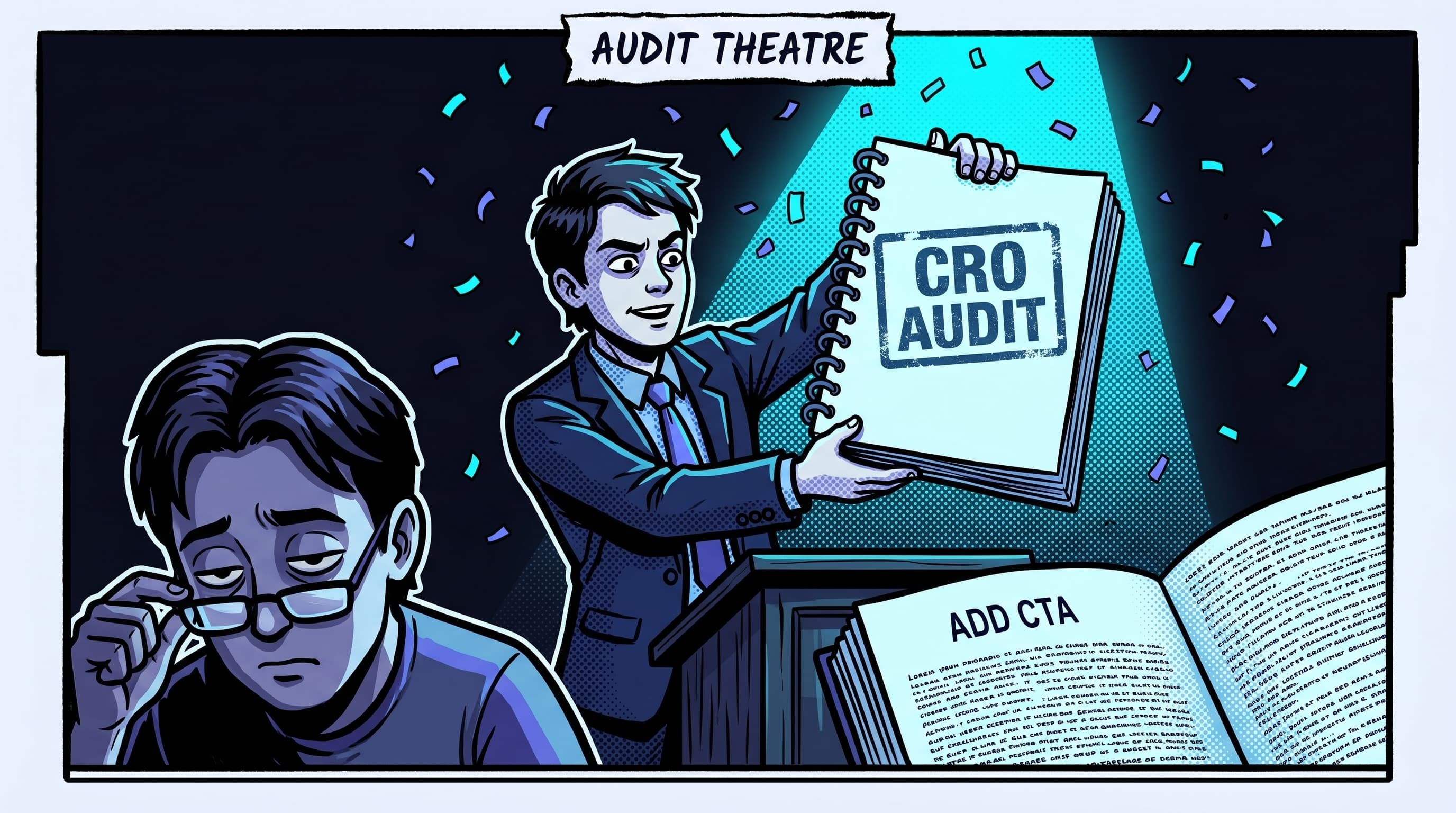 Comic panel: a CRO agency analyst on a stage holds aloft an absurdly thick 60-page PDF stamped 'CRO AUDIT' under a cyan spotlight. A bored client in the foreground squints at the only visible page, which reads 'ADD CTA'. Banner reads 'Audit Theatre'.
