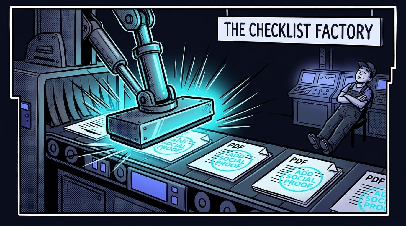 Comic panel: an automated factory conveyor belt rolling out identical PDF reports, each stamped with a glowing cyan rubber-stamp reading 'ADD SOCIAL PROOF'. A giant mechanical stamp slams down again and again. A worker in overalls sleeps on his feet in the background. Banner reads 'The Checklist Factory'.
