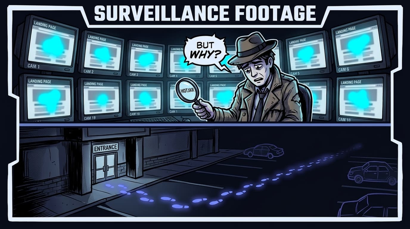 Comic panel: a detective in a trench coat sits in front of a wall of CCTV monitors, each showing a glowing cyan heatmap blob on a landing page. His magnifying glass is labelled 'HOTJAR'. His speech bubble reads 'BUT WHY?'. Below, footprints walk away from the building into the dark distance.