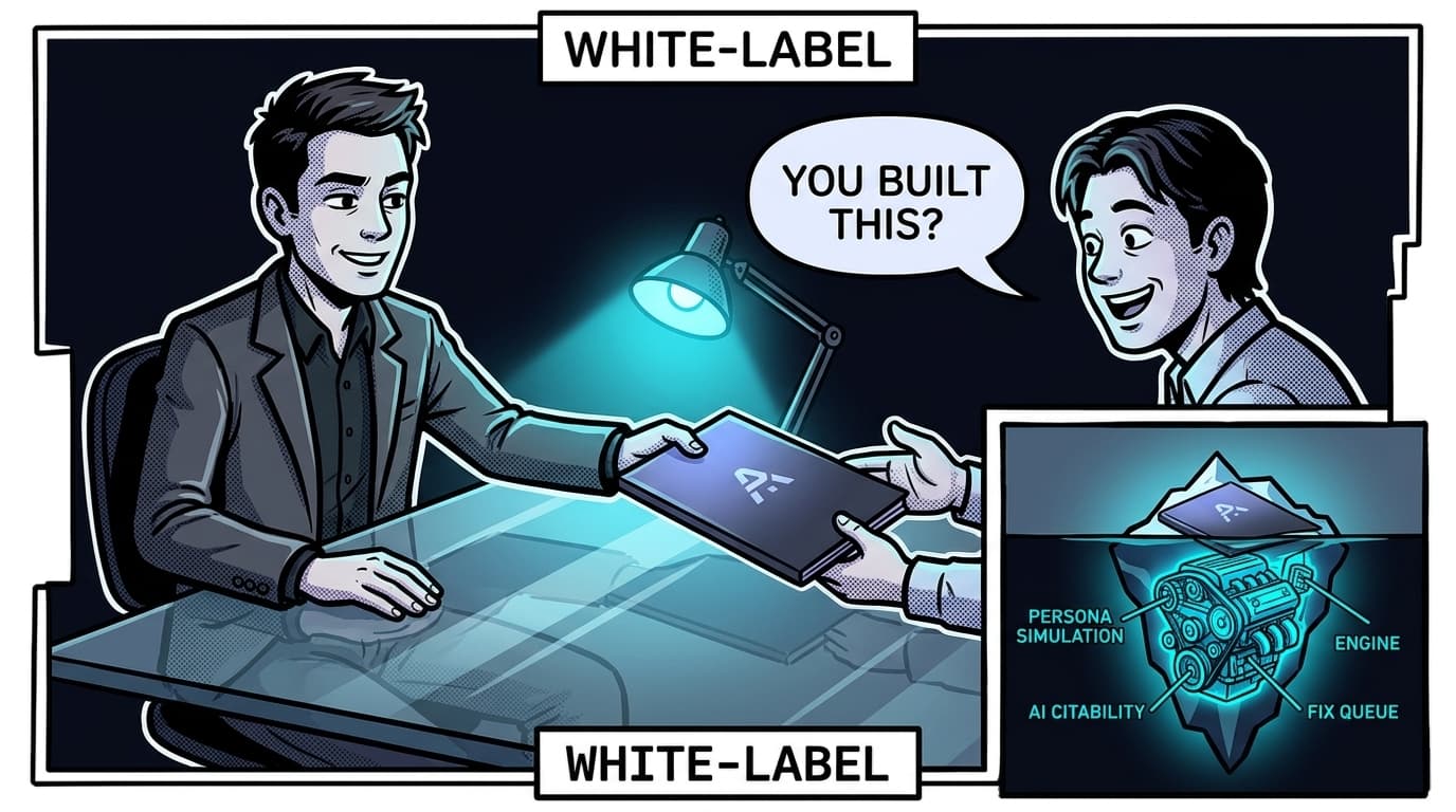 Comic panel: a confident agency consultant slides a sleek branded report across a glass table to a delighted client. Only the agency's logo is on the cover. A small cutaway shows the report's underlying engine glowing cyan with labels 'PERSONA SIMULATION', 'AI CITABILITY', 'FIX QUEUE'. The client's speech bubble reads 'YOU BUILT THIS?'