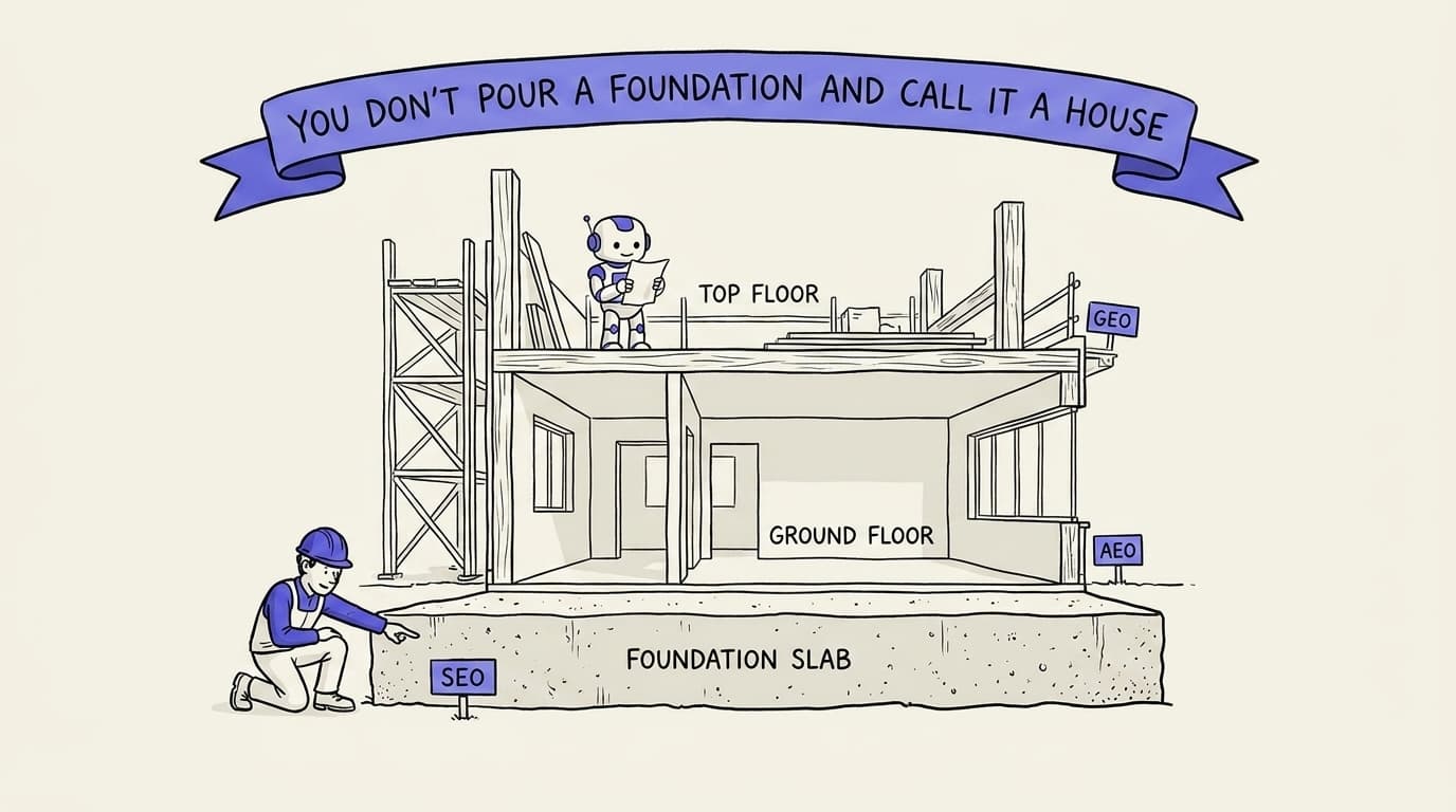 Comic panel: a cross-section of a building under construction on cream paper. The foundation slab is labelled 'SEO: crawlable, fast, fresh HTML'. A ground floor built on it is labelled 'AEO: be the answer'. A top floor under construction is labelled 'GEO: be the cited source', where a small indigo robot reads a page. A builder in an indigo hard hat points at the foundation. A banner reads 'You do not pour a foundation and call it a house'. Indigo accent, paper-cream background.