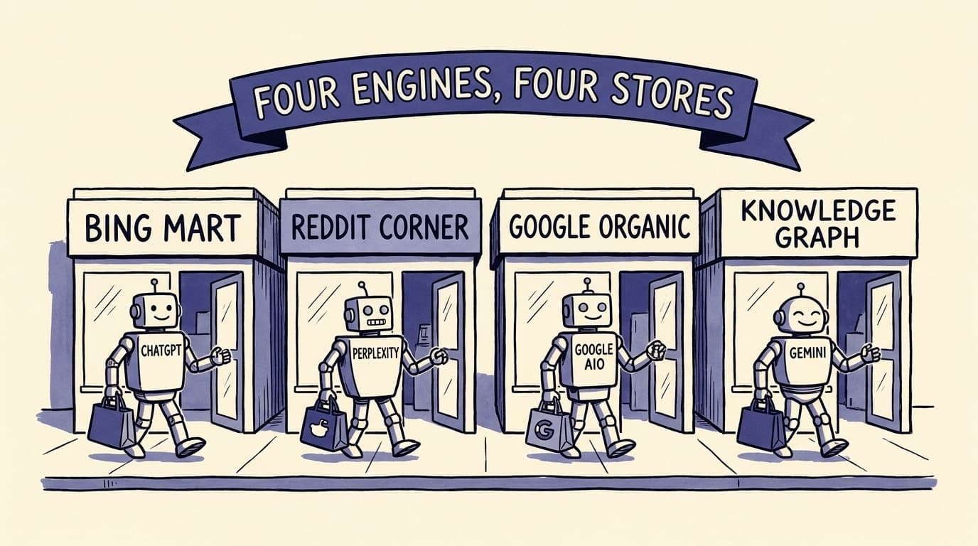 Comic panel: four robots labelled ChatGPT, Perplexity, Google AIO and Gemini each walking out of a different storefront, signs reading 'Bing Mart', 'Reddit Corner', 'Google Organic' and 'Knowledge Graph', each carrying a different shopping bag. Banner: 'Four engines, four stores'.