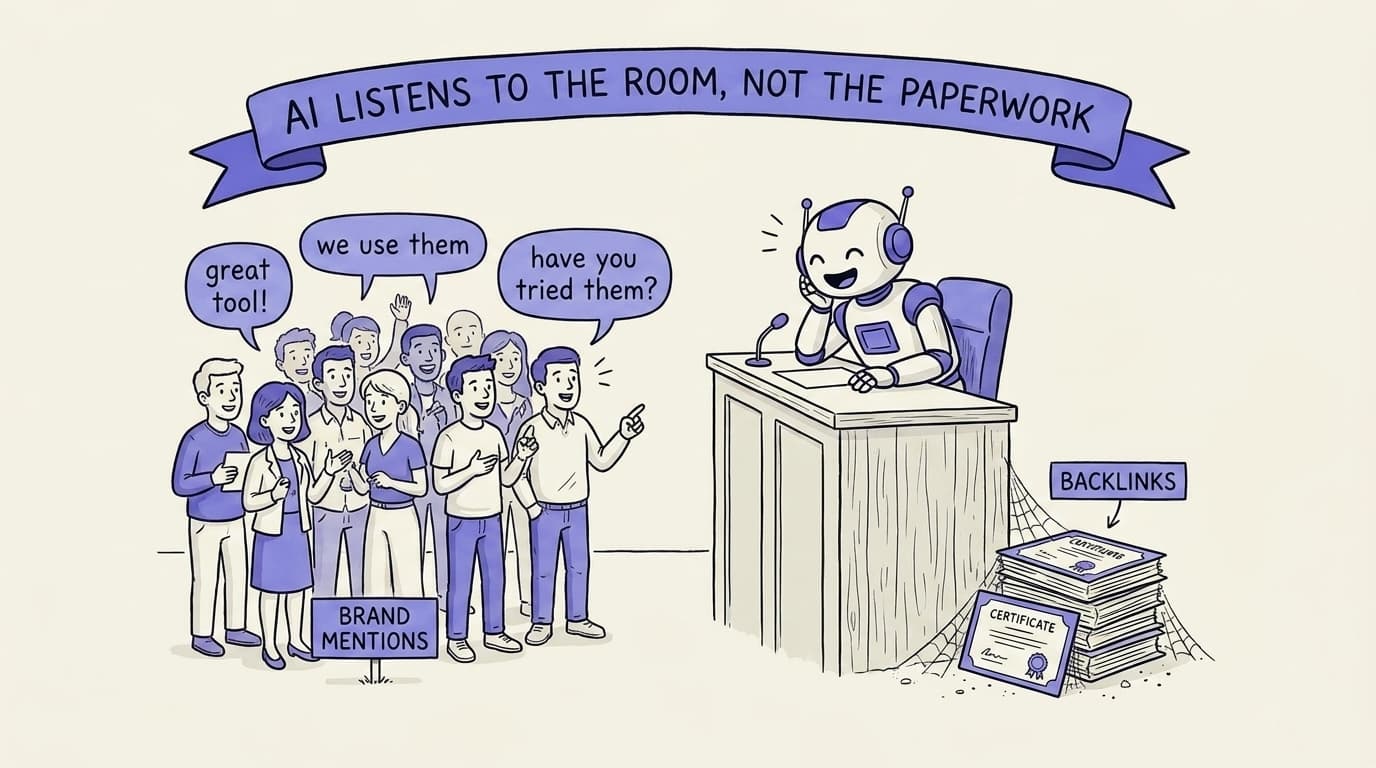 Comic panel: a robot judge on a bench leans toward a lively crowd whose speech bubbles say 'great tool', 'we use them', 'have you tried them?' (the crowd labelled 'brand mentions'), while a dusty, cobwebbed stack of formal certificates labelled 'backlinks' sits ignored on the desk. Banner: 'AI listens to the room, not the paperwork'.