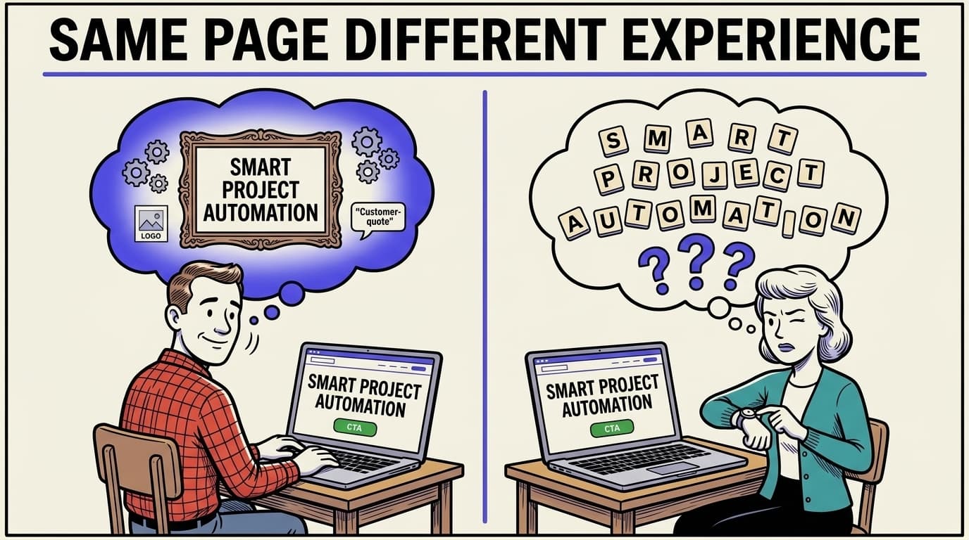 Comic panel split down the middle by a thin indigo vertical line. On the left, a founder reads a landing page on a laptop; above his head a thought bubble shows a full orchestra in mid-performance and the words 'SMART PROJECT AUTOMATION' beautifully framed. On the right, a stranger reads the same screen; above her head the same words appear as scattered floating letters with question marks all around them. Banner across the top reads 'SAME PAGE. DIFFERENT EXPERIENCE.'