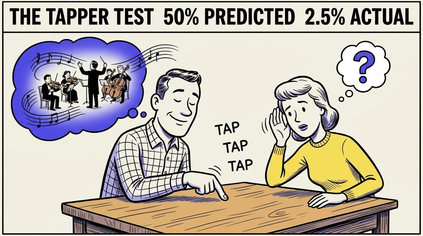 Comic panel: a tapper sits at a small table, eyes shut, tapping a rhythm on the surface. A glowing indigo thought bubble above his head shows musical notes and a full orchestra. Across the table, a confused listener leans in, hearing only the words 'TAP TAP TAP' with question marks. A banner above reads 'THE TAPPER TEST: 50% predicted, 2.5% actual'.