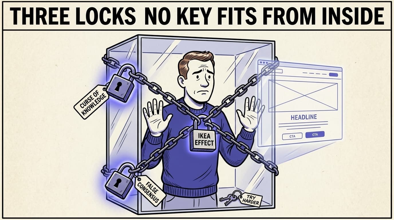 Comic panel: a founder stands inside a glass box looking out at a giant projected landing page. Three heavy padlocked chains stretch diagonally across the glass, each labelled: 'CURSE OF KNOWLEDGE', 'IKEA EFFECT', 'FALSE CONSENSUS'. The padlocks glow indigo. A small key ring labelled 'TRY HARDER' lies useless on the floor inside the box. Banner above reads 'THREE LOCKS. NO KEY FITS FROM INSIDE.'