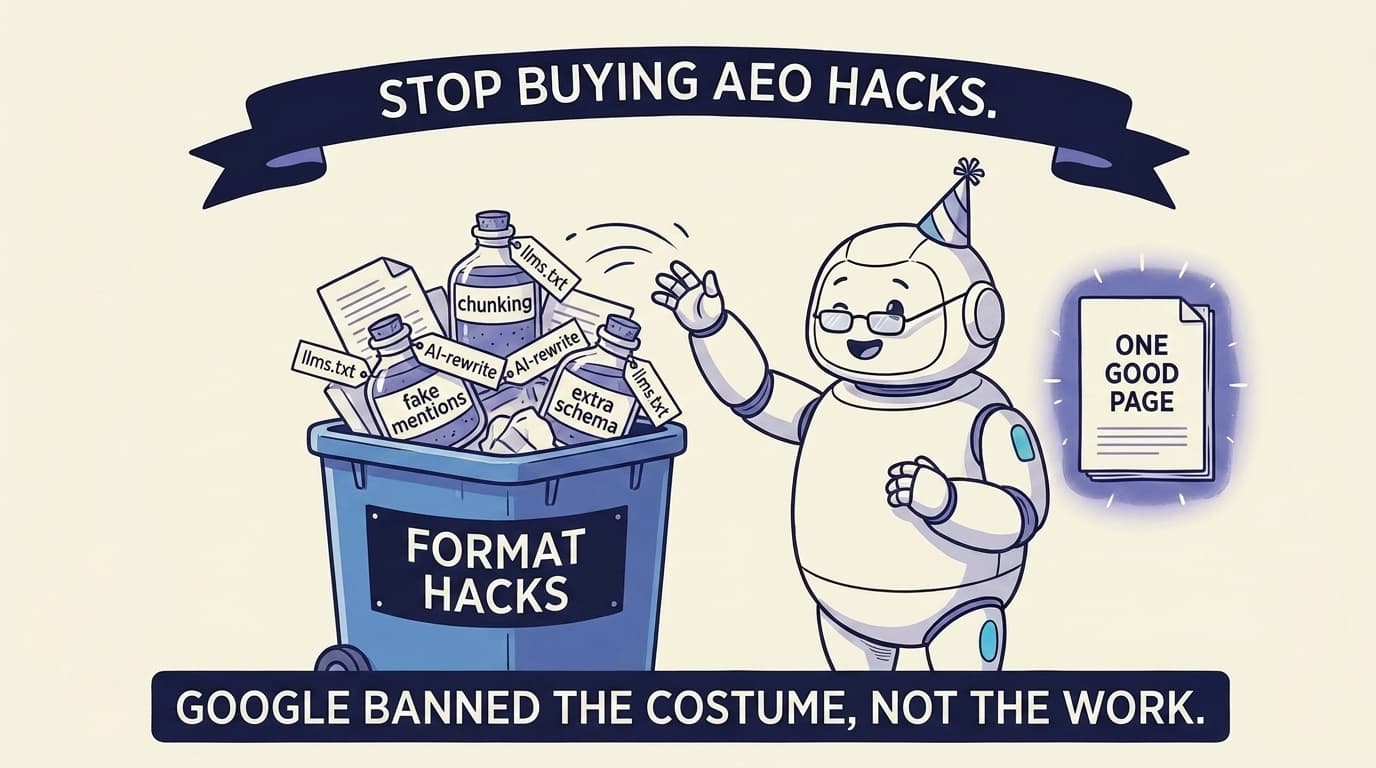 The robot cheerfully tossing labeled props (llms.txt, chunking, AI-rewrite, fake mentions, extra schema) into a bin marked 'Format Hacks', while one plain document marked 'One Good Page' glows beside it. A banner reads 'Google banned the costume, not the work.'