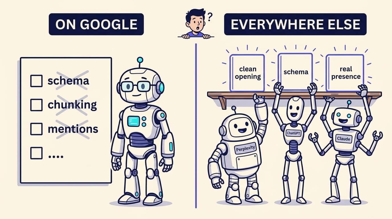A split panel. On the left, the Google robot beside a checklist with 'schema, chunking, mentions' crossed out, labeled 'On Google'. On the right, three other robots labeled Perplexity, ChatGPT, and Claude eagerly grabbing the same items off a shelf, labeled 'Everywhere else'.
