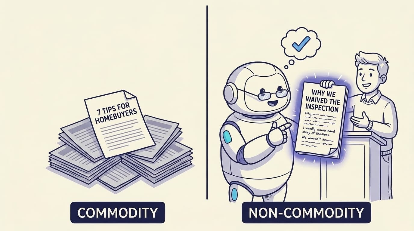 A split panel. On the left, a forgettable 'COMMODITY' page titled '7 Tips for Homebuyers' in a grey pile of photocopies. On the right, a 'NON-COMMODITY' first-hand story titled 'Why We Waived the Inspection' glowing as the robot points at it approvingly.