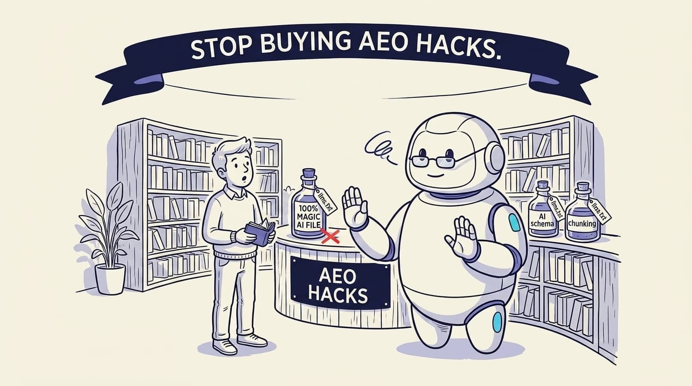 A friendly search-engine robot at an 'AEO Hacks' market stall, holding up a hand to refuse, with snake-oil bottles labeled llms.txt, AI schema, and chunking. A banner reads 'Stop buying AEO hacks.'