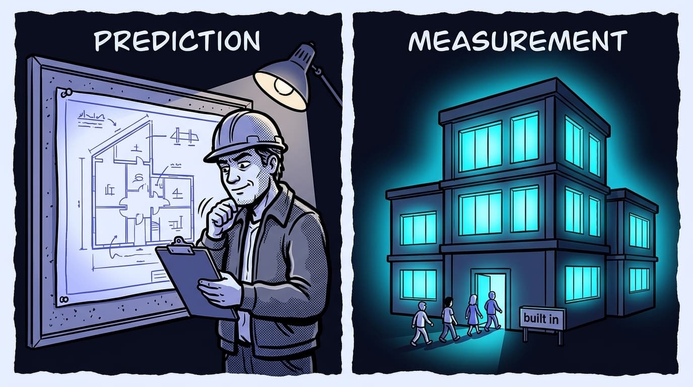 Comic split panel: an inspector approves a glowing blueprint labeled PREDICTION on one side, while on the other side a finished building labeled MEASUREMENT has its lights on with visitors walking in.
