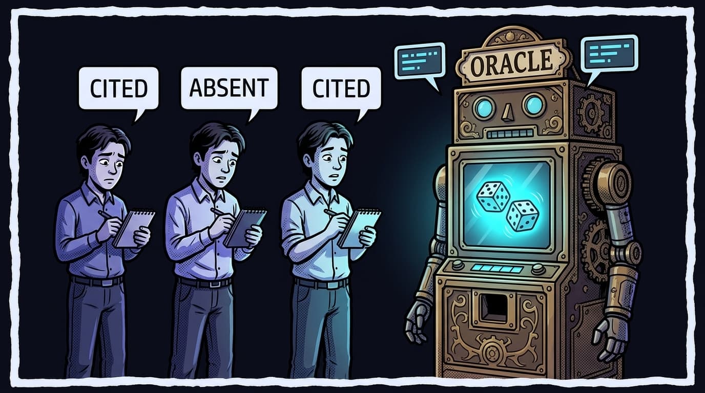 Comic panel: a robot oracle answers the same question from three identical visitors, telling one CITED, one ABSENT, and one CITED again, while dice tumble in its display.