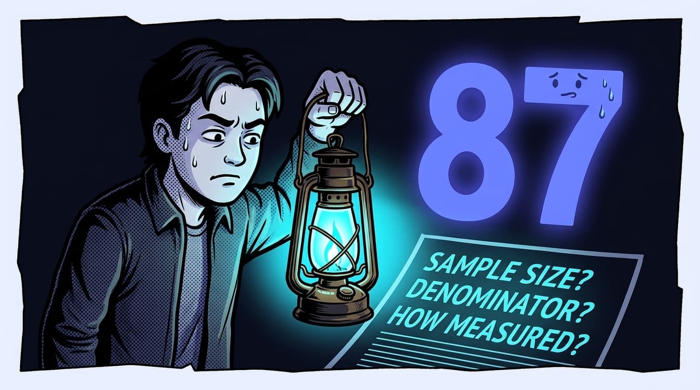 Comic panel: a buyer holds a glowing lantern up to the fine print beneath a giant score numeral 87, illuminating the questions SAMPLE SIZE, DENOMINATOR, and HOW MEASURED.