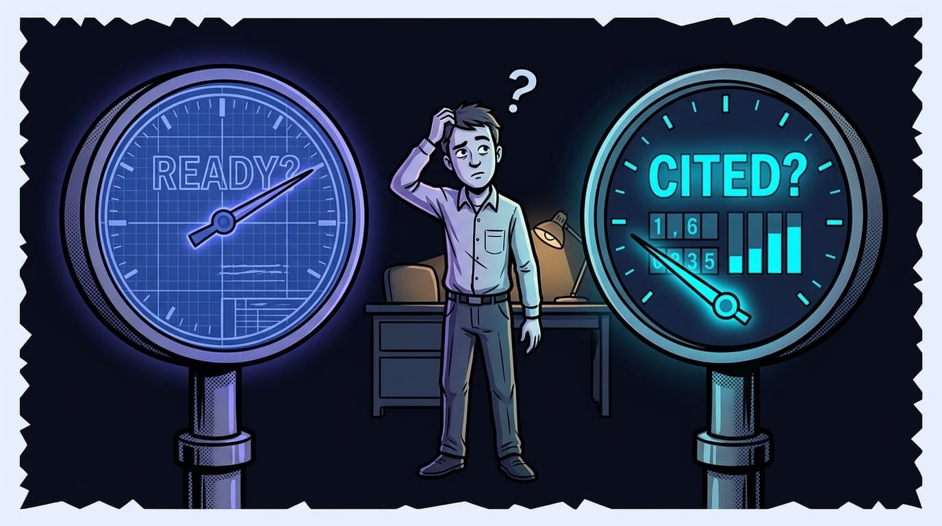 Comic panel: a puzzled marketer stands between two large gauges, one labeled READY and one labeled CITED, showing different readings for AI visibility.