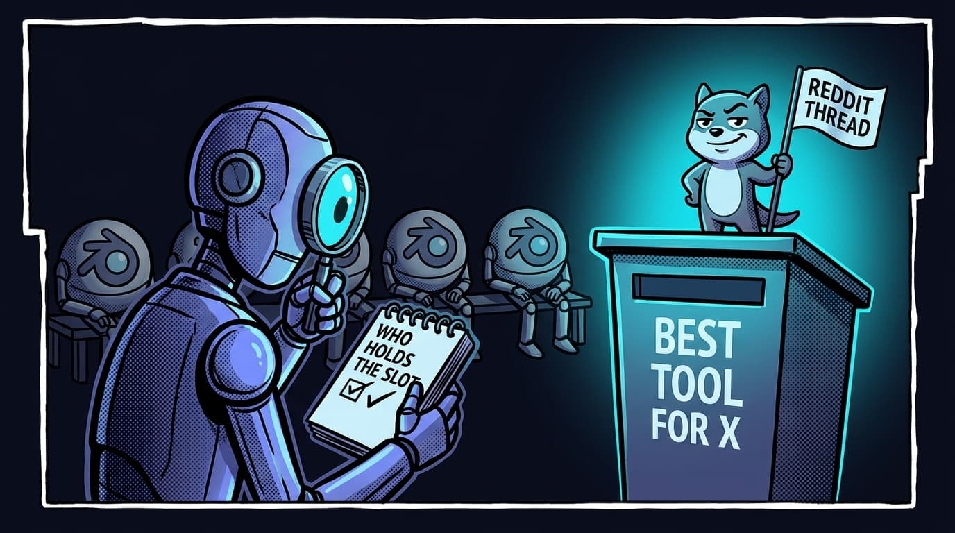 Comic panel: a detective robot with a magnifying-glass eye inspects a podium labeled BEST TOOL FOR X where a rival mascot stands holding a flag reading REDDIT THREAD, while engine robots watch from a bench.