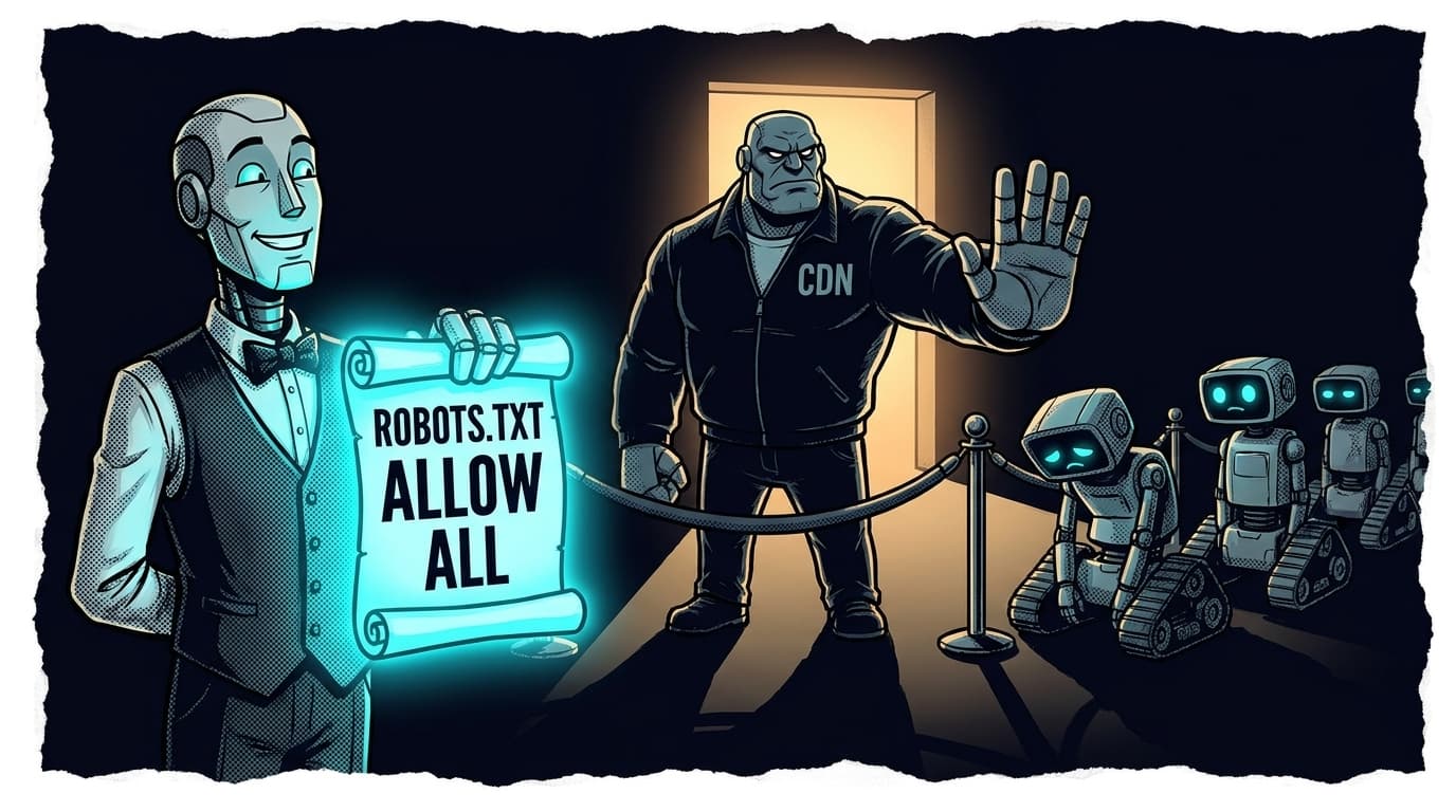 Comic panel: a proud webmaster holds up an immaculate scroll labeled ROBOTS.TXT ALLOW ALL while a huge bouncer labeled CDN turns a queue of crawler robots away at a velvet rope before they can reach the door.
