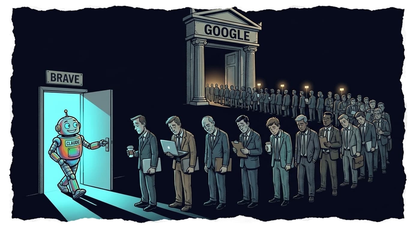Comic panel: an enormous queue of SEO workers stretches toward a giant ornate door labeled GOOGLE, while a few metres away an unattended side door labeled BRAVE stands wide open with a single Claude robot strolling through it.