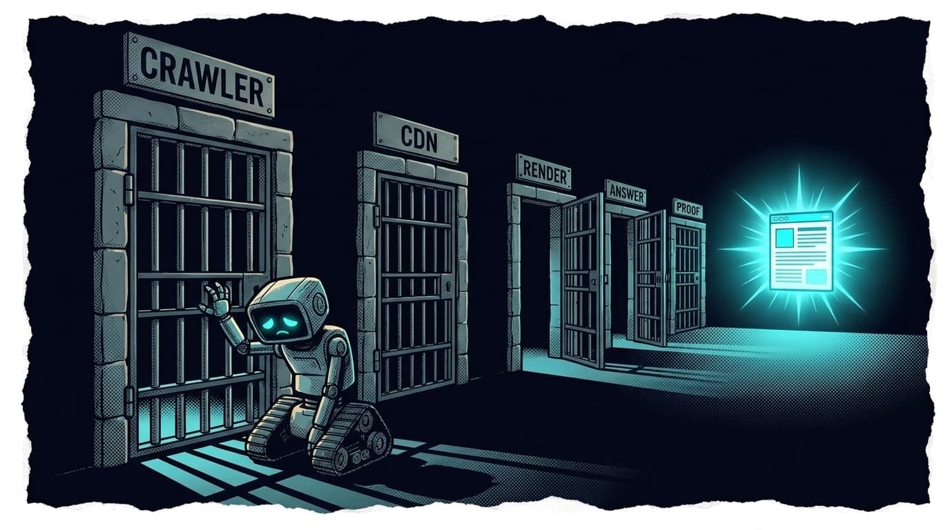 Comic panel: a small crawler robot stands defeated at the first of five barred gates in a dark corridor, labeled CRAWLER, CDN, RENDER, ANSWER and PROOF. The first two are slammed shut, the last three stand open, and a brilliant glowing webpage floats unreachable at the far end.