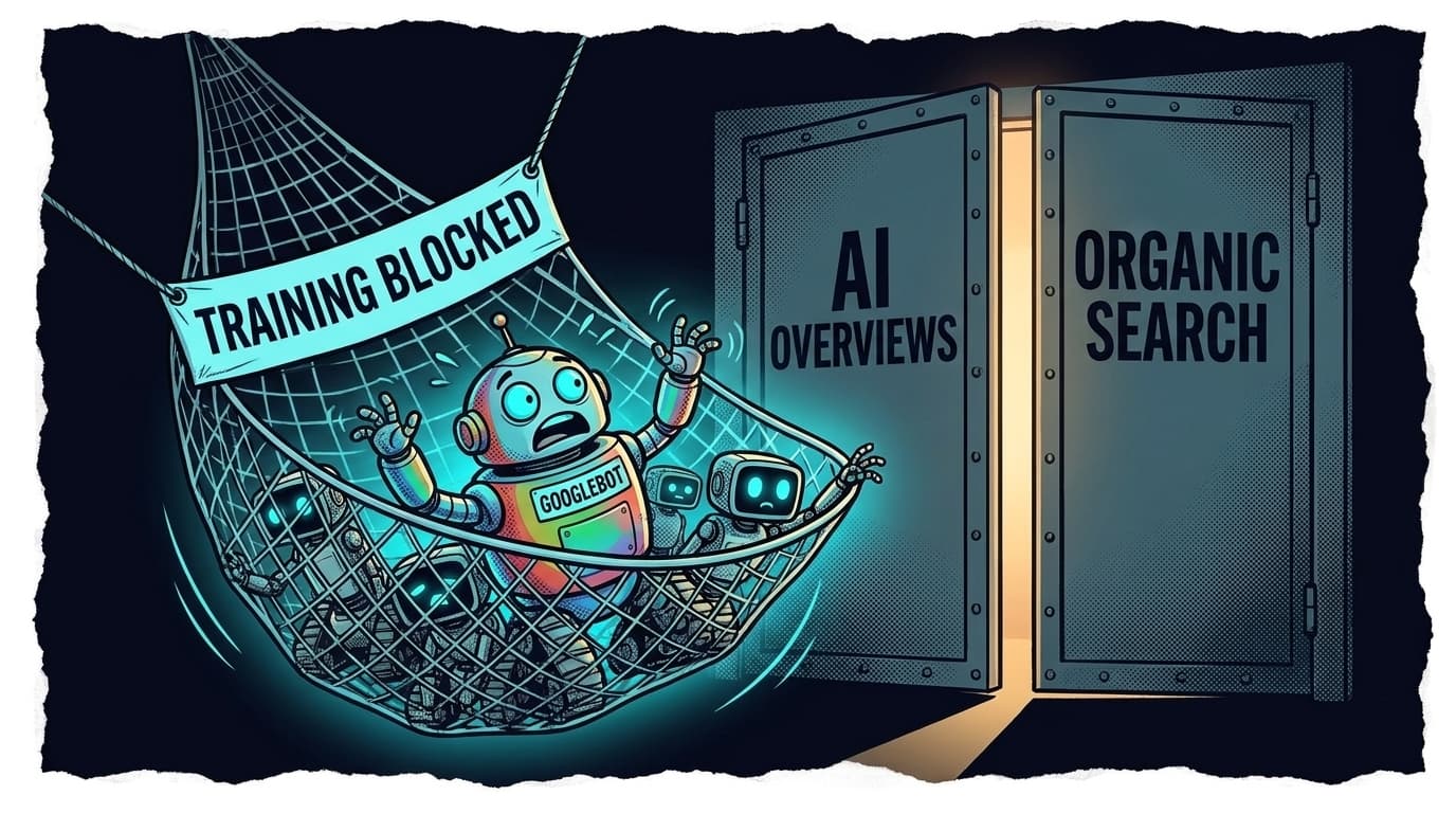 Comic panel: a large net labeled TRAINING BLOCKED sweeps up a group of AI crawler robots, and tangled in the middle of the net is a startled Googlebot, while behind it two doors labeled AI OVERVIEWS and ORGANIC SEARCH slam shut.