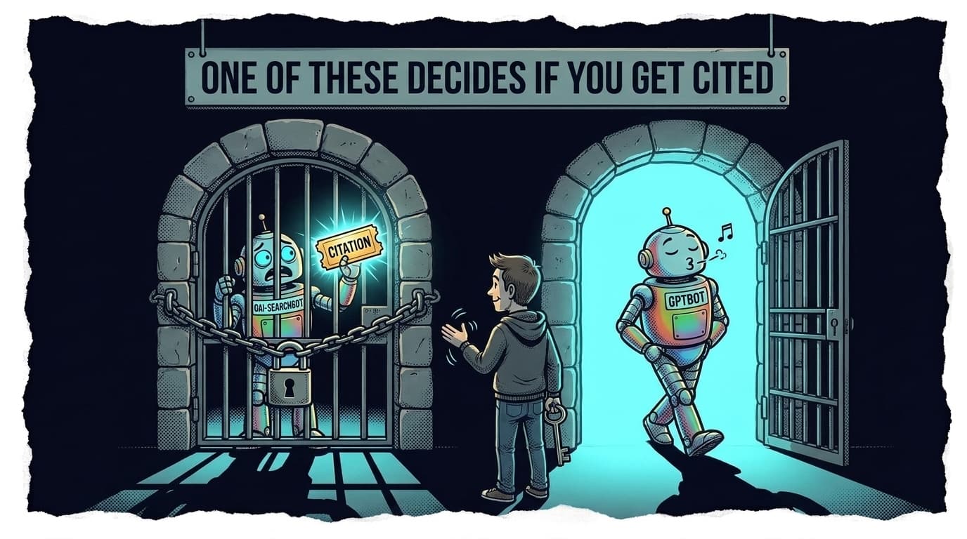 Comic panel: two side-by-side gateways under a sign reading ONE OF THESE DECIDES IF YOU GET CITED. A robot badged OAI-SEARCHBOT is padlocked behind bars holding a golden CITATION ticket, while a near-identical robot badged GPTBOT strolls whistling through the open gate beside it, and a pleased-looking webmaster stands between them holding the key.