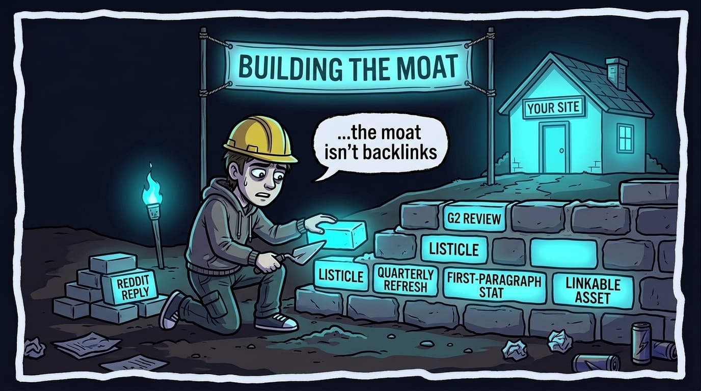 Comic panel: a founder in a yellow hard hat kneels and lays a glowing cyan brick onto a half-built wall around a small softly-lit house labelled 'YOUR SITE'. The bricks are labelled with the five-point checklist: G2 REVIEW, REDDIT REPLY, LISTICLE, FIRST-PARAGRAPH STAT, QUARTERLY REFRESH. A pile of unused labelled bricks sits next to him. His speech bubble reads '...the moat isn't backlinks'. Banner above reads 'BUILDING THE MOAT'.