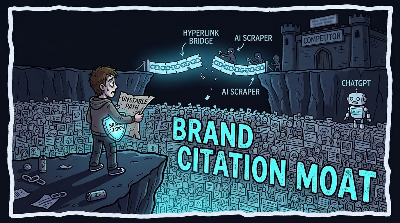 Comic panel: a founder stands at the edge of a moat holding a tattered scroll, while a fortress wall built from a crowd of brand-mention figures glows behind him. A broken hyperlink chain dangles weakly across the moat. A small ChatGPT robot looks on. Title in the panel reads 'Brand Citation Moat'.