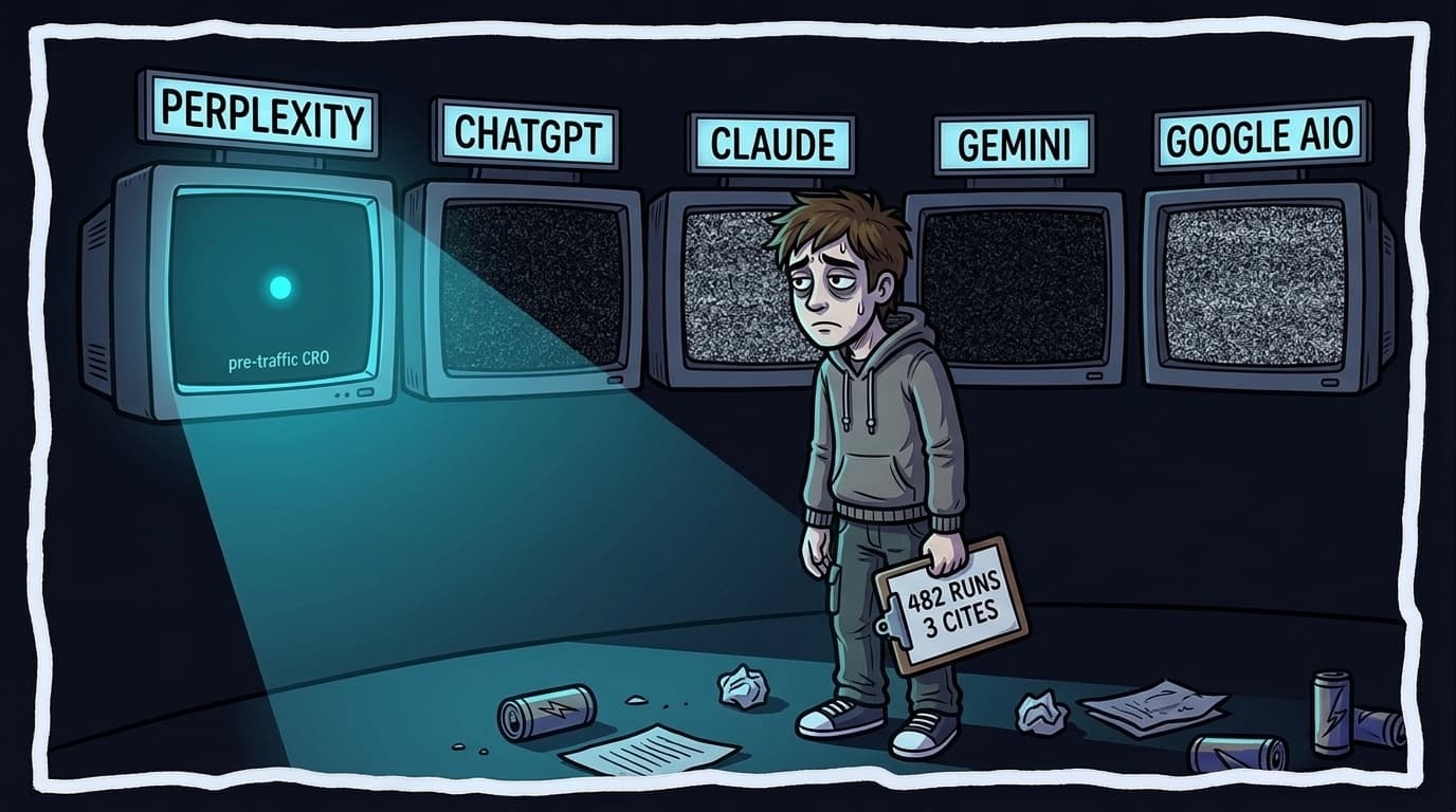 Comic panel: an exhausted founder stands in a dark control room holding a clipboard reading '482 RUNS / 3 CITES'. Behind him, five large CRT monitors are mounted on the wall labelled Perplexity, ChatGPT, Claude, Gemini, and Google AIO. Four monitors are dark or showing static. Only the Perplexity monitor glows cyan with the words 'pre-traffic CRO' on screen.