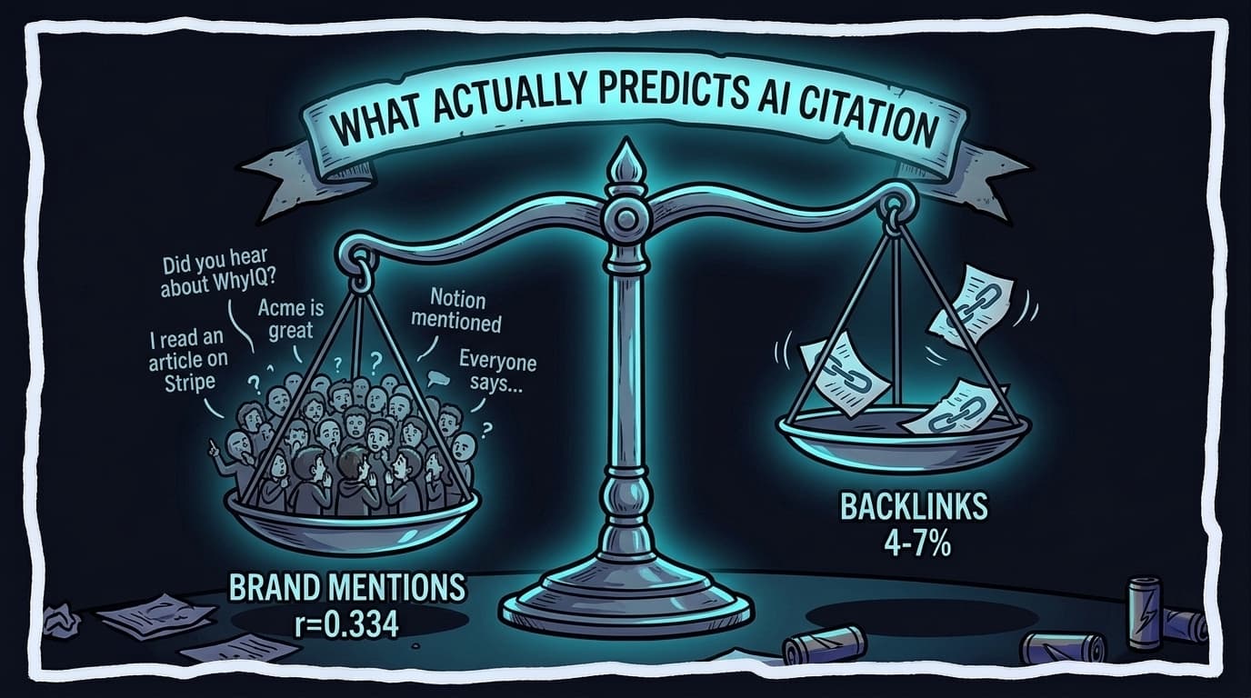 Comic panel: a giant ornate balance scale dramatically tipped to one side. The heavy left pan is loaded with a crowd of figures whispering brand-name speech bubbles, labelled 'BRAND MENTIONS r=0.334'. The right pan flies up almost weightless, holding a few flimsy paper hyperlinks, labelled 'BACKLINKS 4-7%'. Banner above the scale reads 'WHAT ACTUALLY PREDICTS AI CITATION'.