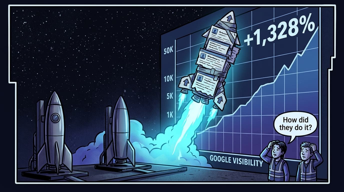 Comic panel: a rickety rocket built from stacked forum-thread cards blasts up a giant wall chart labeled '+1,328%' with the axis label 'GOOGLE VISIBILITY', leaving a glowing trail, while two sleek polished corporate rockets sit unlaunched on the pad and engineers scratch their heads asking 'How did they do it?'