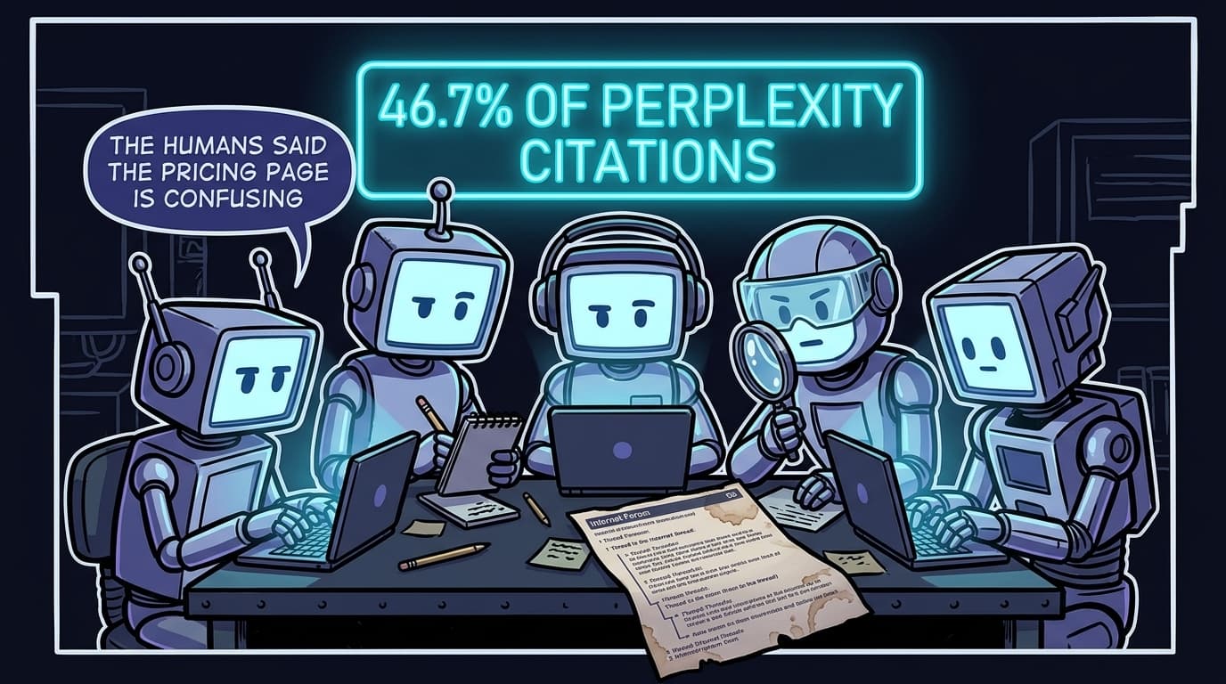 Comic panel: five robot answer-engines with glowing screens for faces huddle around a single tattered forum thread printout in a dark room, taking notes. A neon sign on the wall reads '46.7% OF PERPLEXITY CITATIONS'. One robot whispers 'the humans said the pricing page is confusing'.