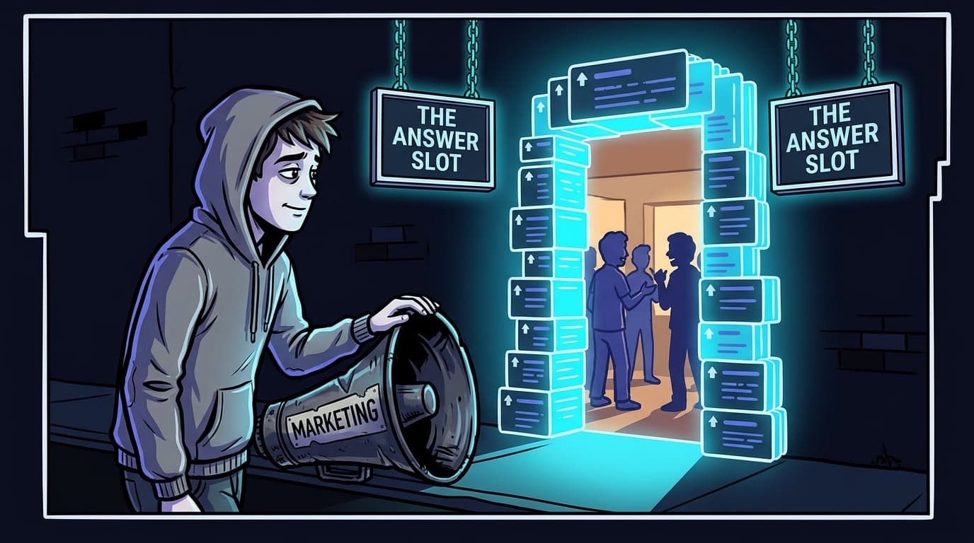 Comic panel: a founder character sets down a giant megaphone labeled 'MARKETING' and steps through a glowing doorway shaped like a forum thread, where friendly silhouettes are mid-conversation. A sign above the door reads 'THE ANSWER SLOT'.