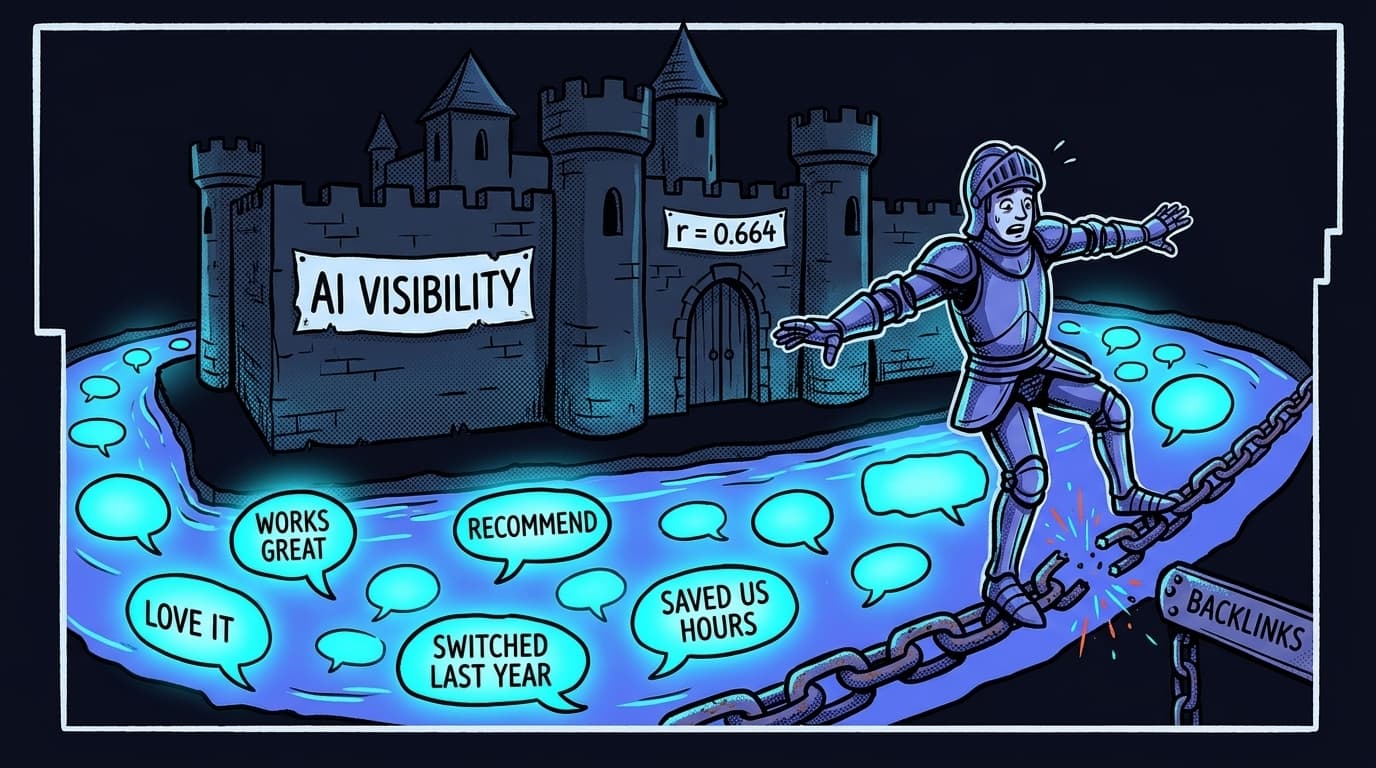 Comic panel: a castle with a banner reading 'AI VISIBILITY' surrounded by a wide glowing moat filled with speech bubbles saying 'LOVE IT', 'WORKS GREAT', 'RECOMMEND', 'SWITCHED LAST YEAR' and 'SAVED US HOURS', while a knight wobbles across a single rusty chain labeled 'BACKLINKS' that is snapping under his weight. A second banner reads 'r = 0.664'.