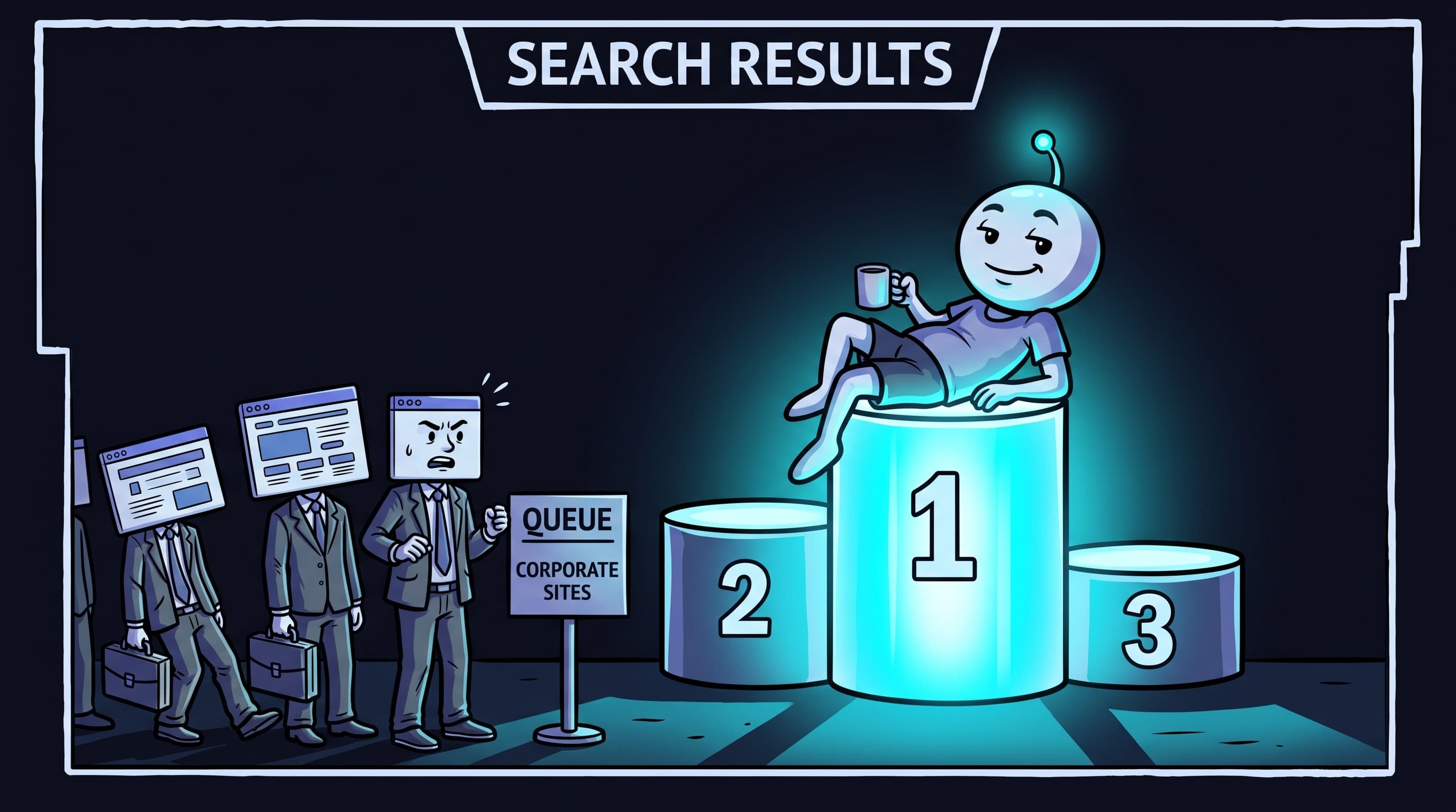 Comic panel: a smug alien-like forum mascot lounges on the number one spot of a glowing Google results podium, while a queue of polished corporate websites in business suits wait below holding briefcases. A banner above reads 'SEARCH RESULTS'.