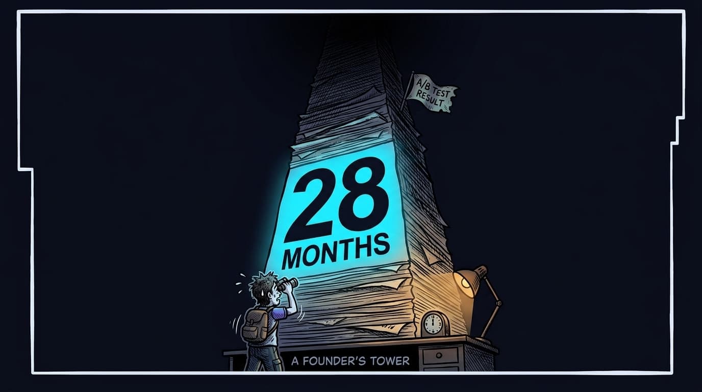 Comic panel: a wide-eyed founder looks up at a towering stack of papers as tall as a building, the number '28 Months' glows on its face and a small flag at the top reads 'A/B Test Result', captioned 'A Founder's Tower'