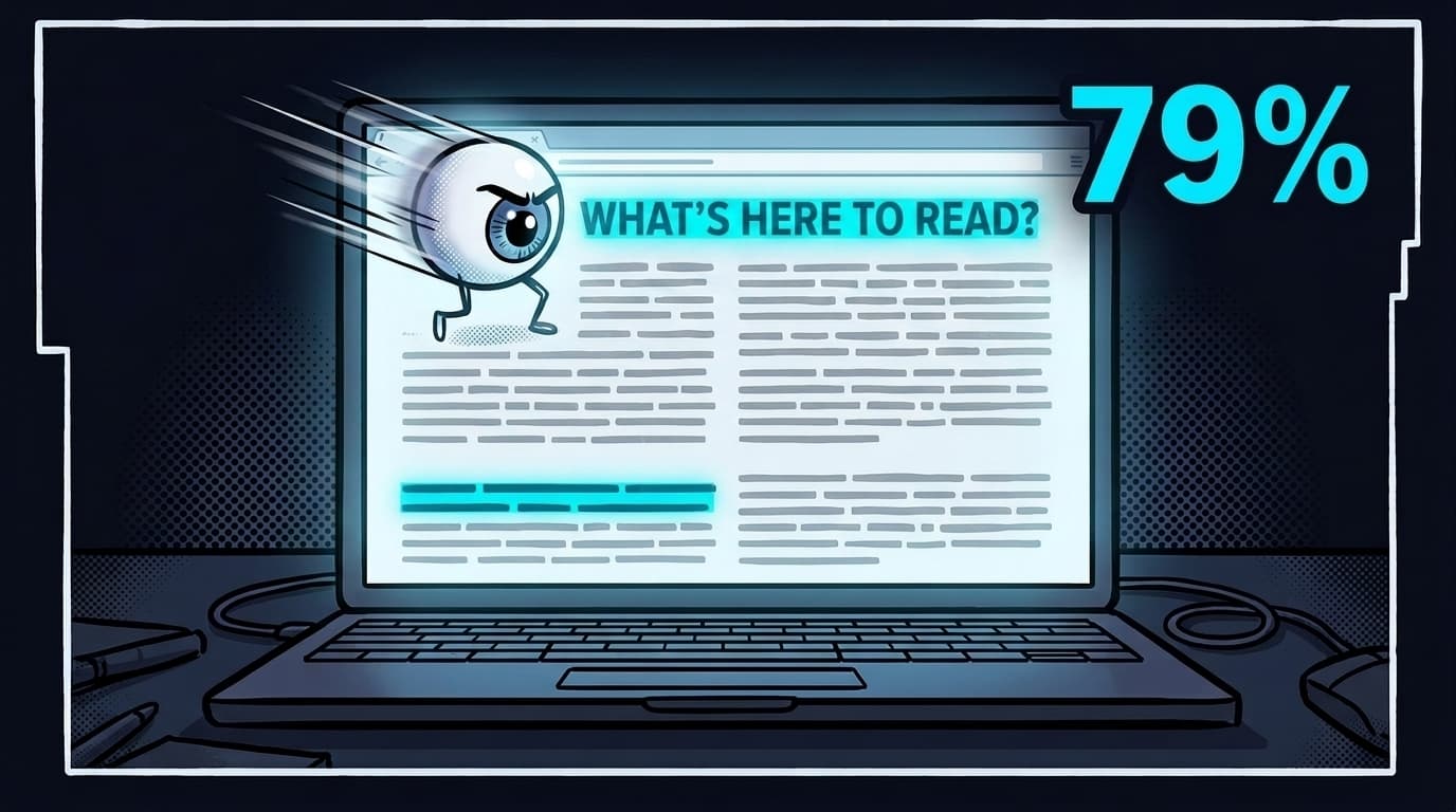 Comic panel: an animated eyeball character races across a laptop screen with motion blur, the screen shows a wall of text, speech bubble says 'What's here to read?' and the stat 79% appears in large cyan type