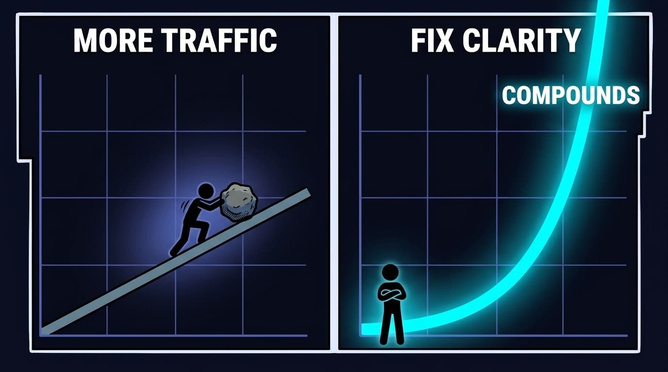 Split panel comparison: left shows a stick figure pushing a boulder uphill labelled 'More Traffic' on a straight linear incline, right shows a stick figure standing calmly as a glowing cyan curve shoots upward labelled 'Fix Clarity — Compounds'