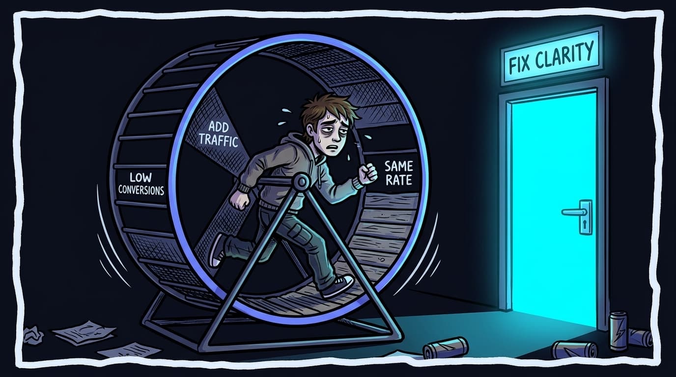 Comic panel: a founder running exhausted in a hamster wheel labelled 'Low Conversions, Add Traffic, Same Rate' while a glowing door marked 'Fix Clarity' stands right beside them