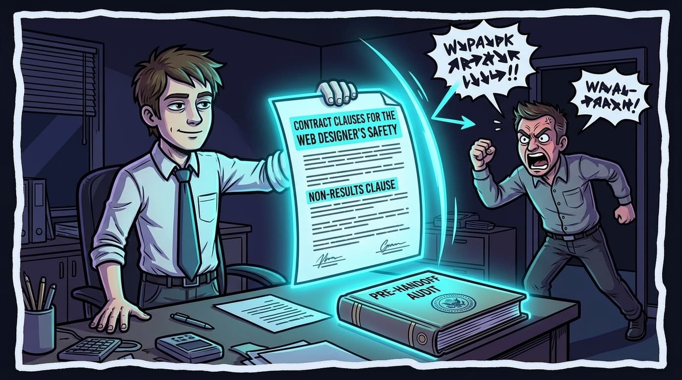 Comic illustration: a calm web designer holds up a glowing contract with a 'non-results clause' as a shield, deflecting an angry client's complaints, with a pre-handoff audit folder glowing on the desk