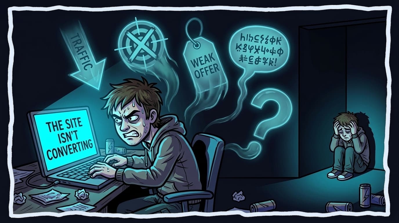 Comic illustration: an angry client types a complaint email while five ghostly causes (low traffic, wrong targeting, weak offer, bad copy, missing CTA) loom behind them in shadow