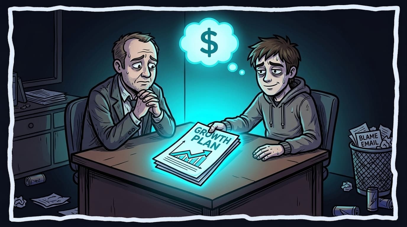 Comic illustration: the same client returns months later, but the designer slides a glowing 'Growth Plan' proposal across the desk, turning the blame conversation into a new engagement