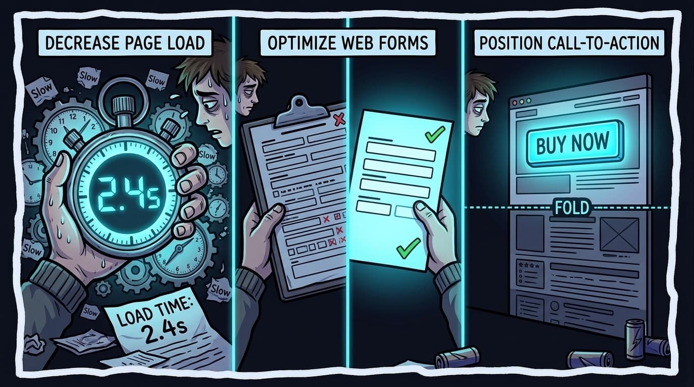 Comic illustration triptych: a glowing 2.4-second stopwatch, a clean 4-field form vs a messy 11-field form, and a website CTA button positioned above the fold line