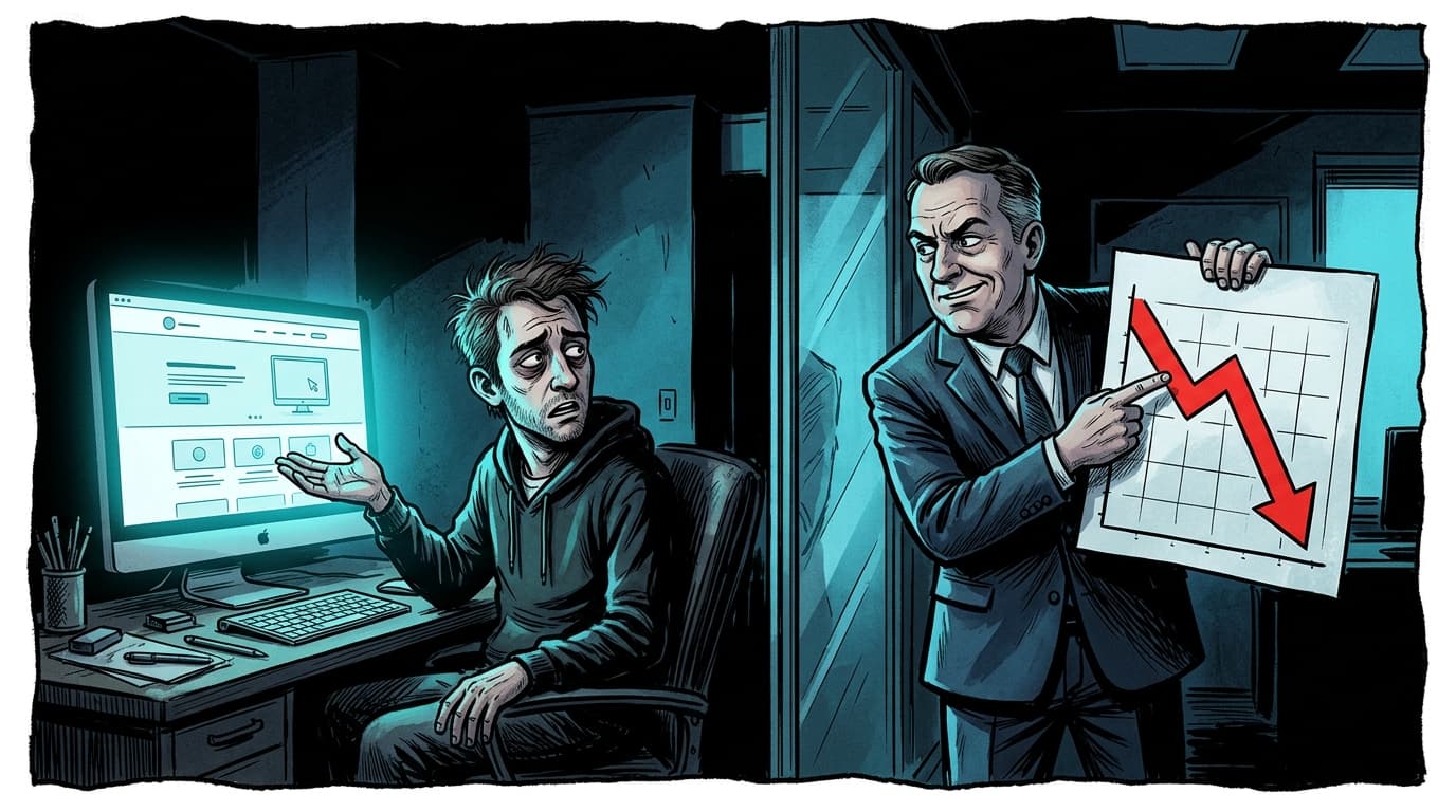 Illustration: a web designer points at a polished finished website while a client points at a flat conversion chart, both gesturing at different parts of the same problem