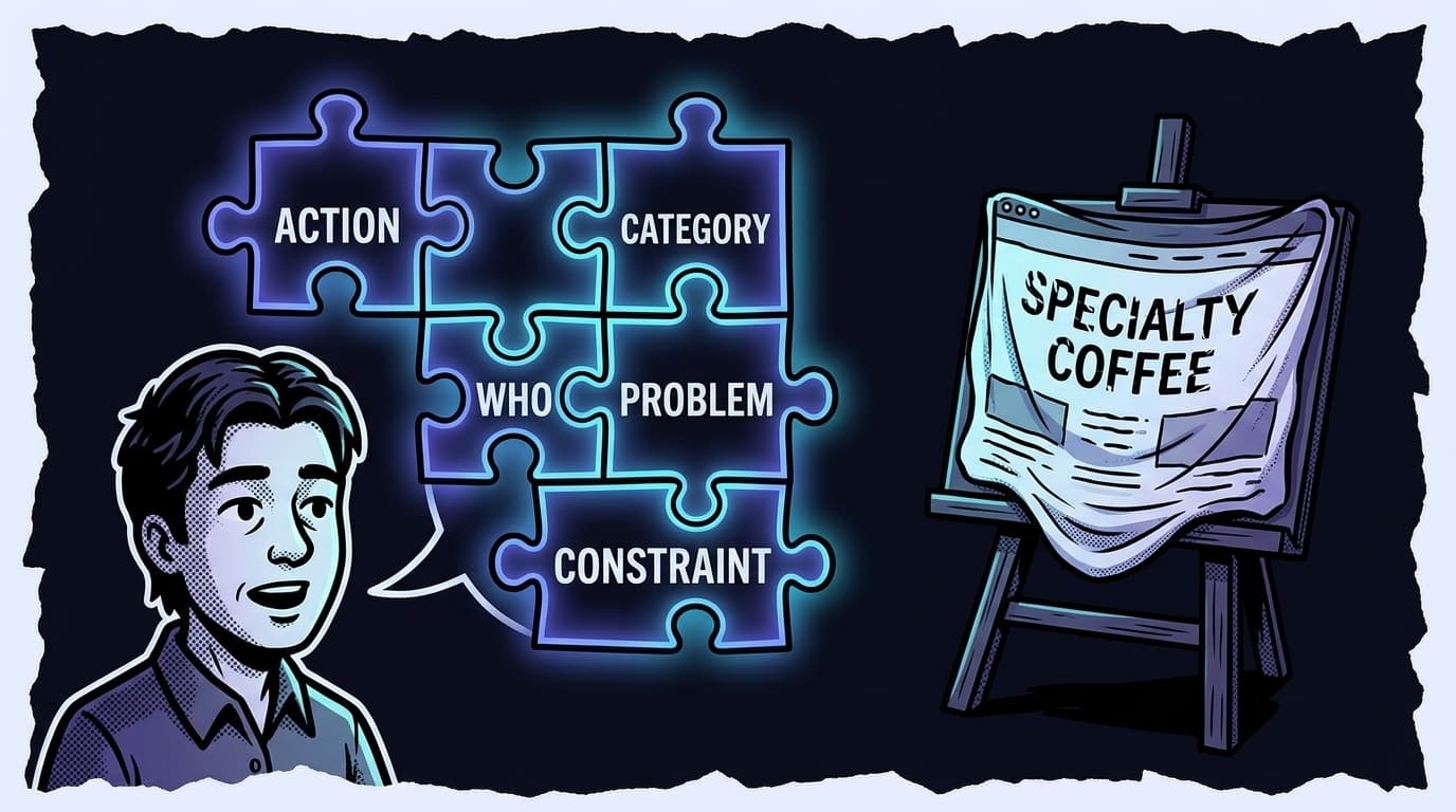 Comic split panel: a cafe owner speaks a glowing speech bubble made of five puzzle pieces labeled ACTION, CATEGORY, WHO, PROBLEM and CONSTRAINT, beside a sagging web page on an easel reading SPECIALTY COFFEE that fits none of them.