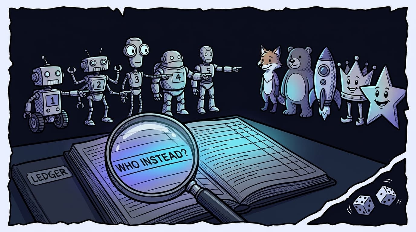 Comic panel: five numbered robot engines each point at a different rival mascot, a fox, a bear, a rocket, a crown and a star, while a magnifying glass over an open ledger highlights a row reading WHO INSTEAD? and two dice roll in the corner.